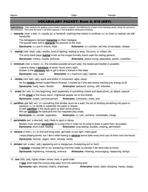 Miscellaneous example sentence - Name: Date: Period: VOCABULARY PACKET: Book A, #16 (KEY) Definitions: Note carefully the spelling, pronunciation, part(s) of speech, and definition(s) of each of the following words - files campus edublogs