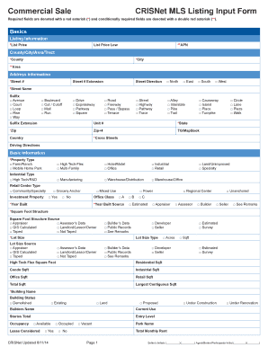Commercial Sale CRISNet MLS Listing Input Form