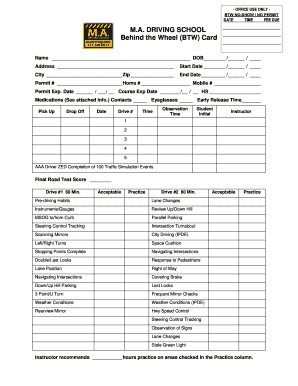Driving School Behind the Wheel Evaluation Form
