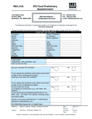 IFS Food Preliminary Questionnaire