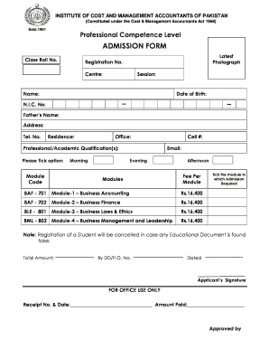 Professional Competence Level Admission Form