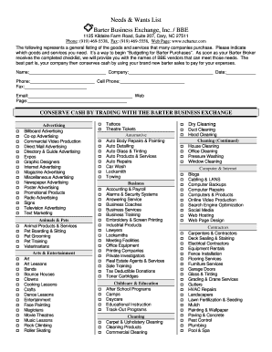 Barter Business Exchange Needs and Wants List