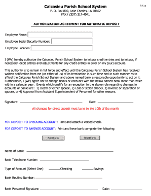 Calcasieu Parish School System Direct Deposit Authorization