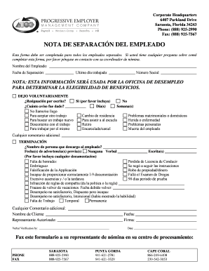 NOTA DE SEPARACIÓN DEL EMPLEADO