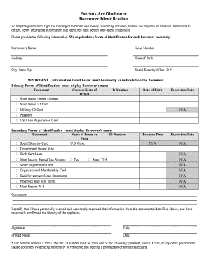 Patriots Act Borrower Identification Form