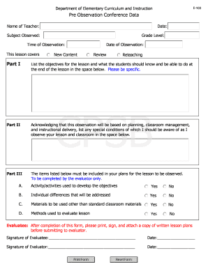 Teacher Pre Observation Conference Form