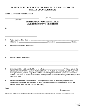 Illinois Independent Administration Notice to Creditors