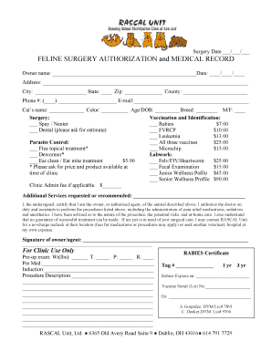 Feline Surgery Authorization and Medical Record
