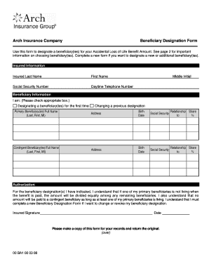 Arch Insurance Beneficiary Designation Form
