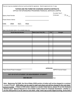 Tuition and Fee Form for Charging Grants/Contracts