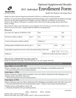 2015 Health Net Medicare Advantage Optional Supplemental Benefits Enrollment Form