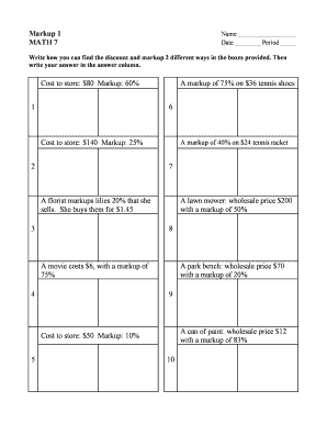 Math 7 Markup and Discount Worksheet