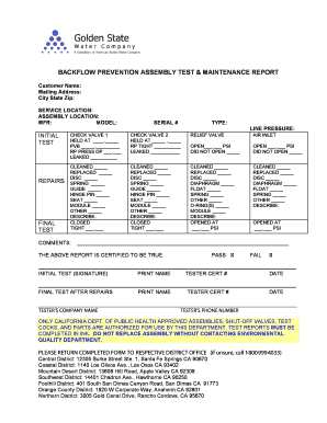 Backflow Prevention Assembly Test and Maintenance Report