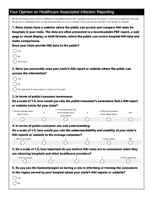 Healthcare Associated Infection Reporting Survey