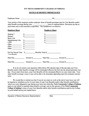 Ivy Tech Community College Benefit Premium Notice