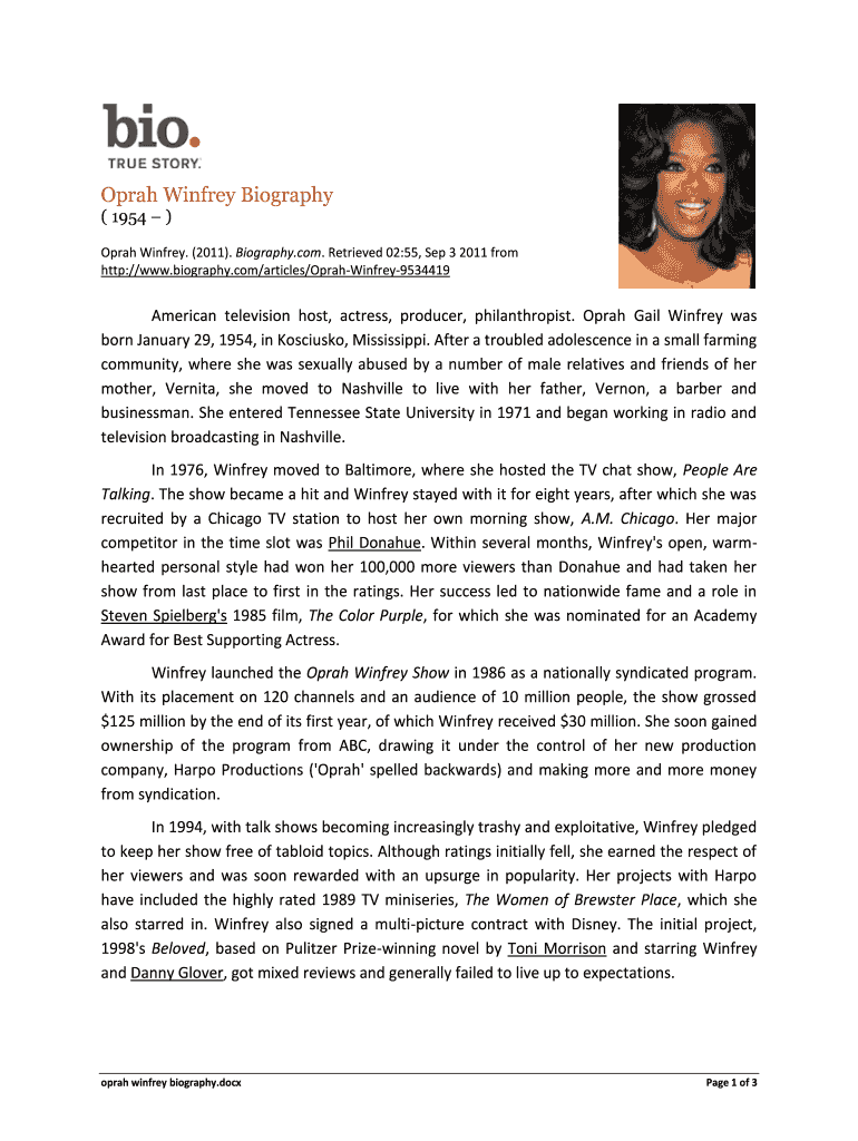 Fillable Online Oprah Winfrey Biography Fax Email Print - pdfFiller