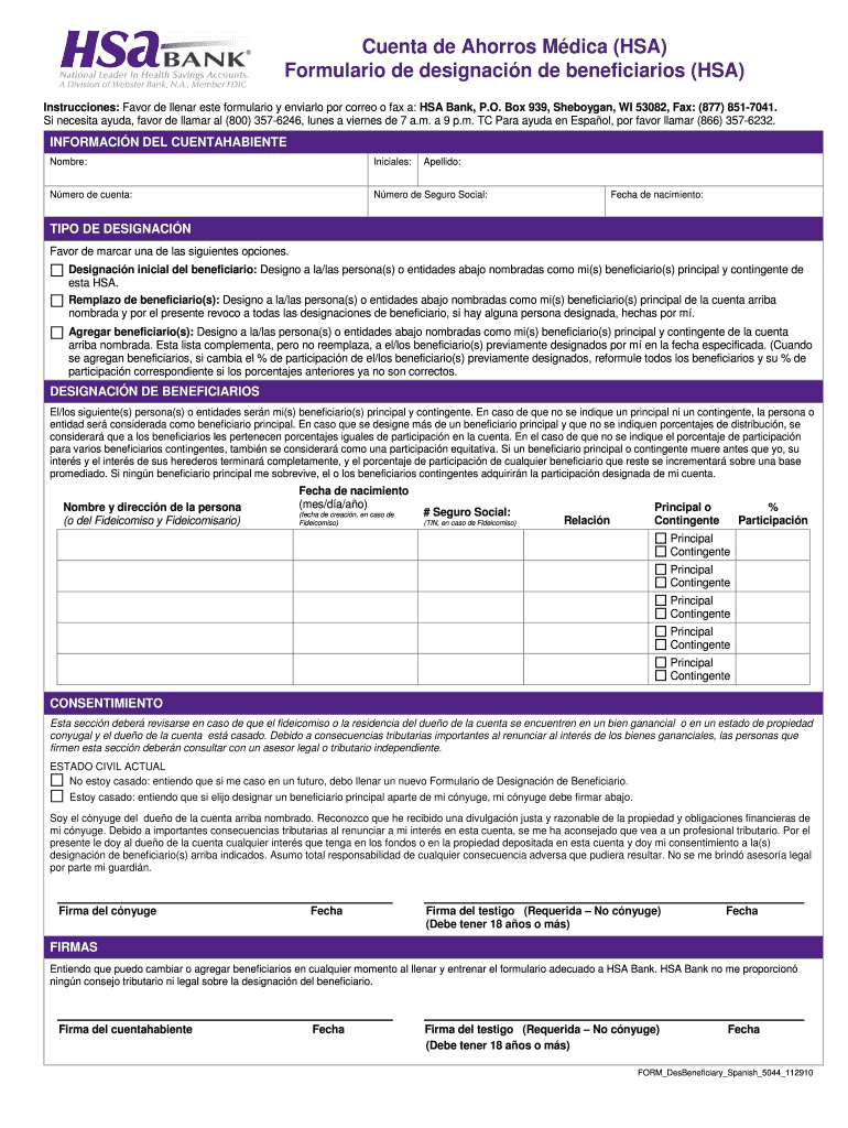 Cuenta de Ahorros Mdica HSA Formulario de designacin de Vista previa en la página 1