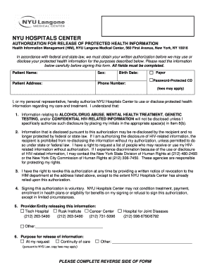 NYU Hospitals Authorization for Release of Protected Health Information