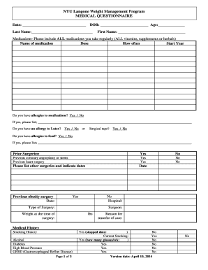 NYU Langone Weight Management Medical Questionnaire