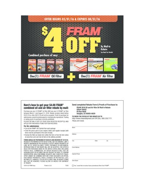 FRAM 2016 Oil and Air Filter $4 Mail-In Rebate