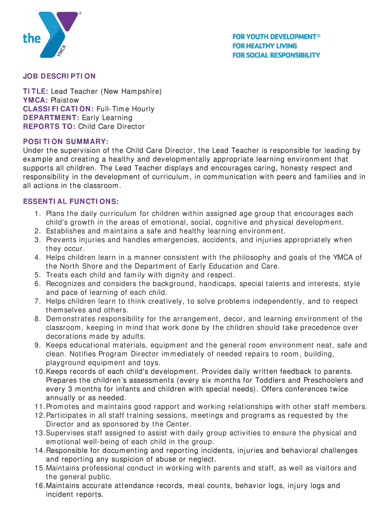 Fillable Online northshoreymca JOB DESCRIPTION TITLE YMCA