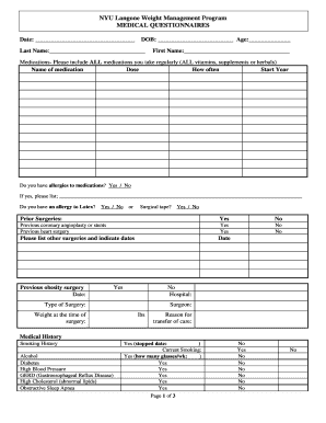 NYU Langone Weight Management Program Medical Questionnaire