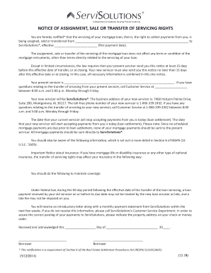 Notice of Assignment Sale or Transfer of Servicing Rights