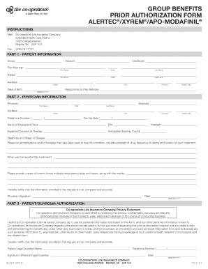 Prior Authorization Form for Alertec/Xyrem/Apo-Modafinil