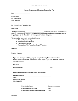 Acknowledgement of Housing Counseling Fee
