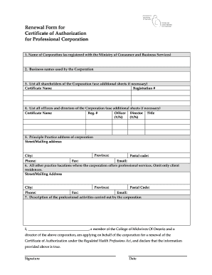 Certificate of Authorization Renewal Form for Professional Corporation
