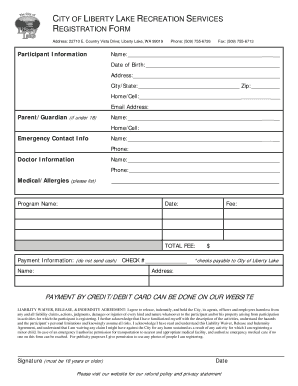 City of Liberty Lake Recreation Services Registration Form