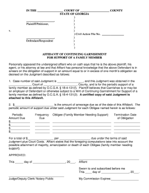 Affidavit of Continuing Garnishment for Support of a Family Member