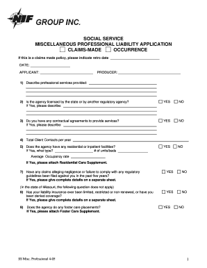 Social Service Professional Liability Application