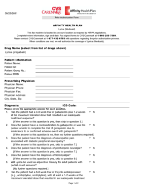 Prior Authorization Form for Lyrica (Medicaid)
