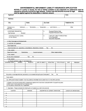 Environmental Impairment Liability Insurance Application