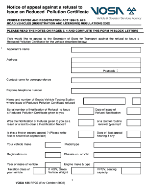 Notice of Appeal for Reduced Pollution Certificate