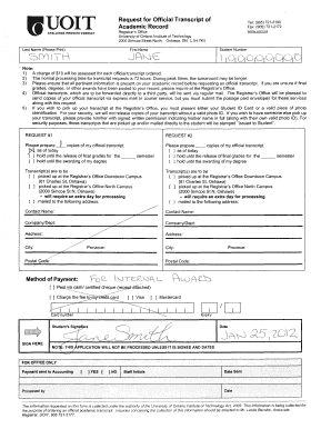 University of Ontario Institute of Technology Official Transcript Request Form