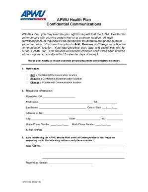 APWU Health Plan Confidential Communication Request
