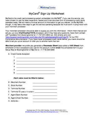 MyCard Credit Card Processing Sign Up Worksheet