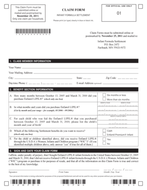 Infant Formula Settlement Claim Form