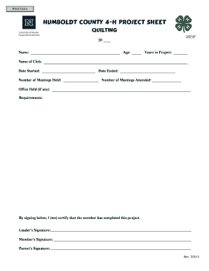 4-H Quilting Project Sheet