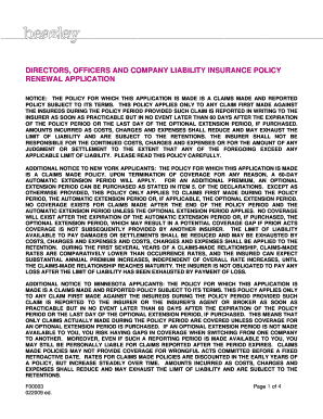 Directors Officers Company Liability Insurance Policy Renewal Application