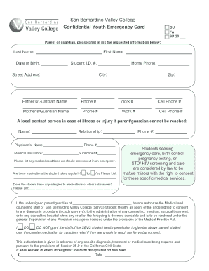 San Bernardino Valley College Confidential Youth Emergency Card