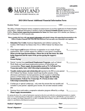 2015-2016 Parent Additional Financial Information Form