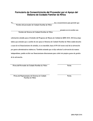 Formulario de Consentimiento del Proveedor por el Apoyo del Sistema de Cuidado Familiar de Niños