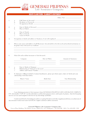 Death Claim Form - Claimant's Statement