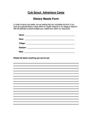 Cub Scout Adventure Camp Dietary Needs Form