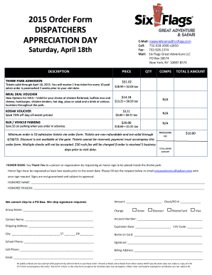 2015 Six Flags Order Form