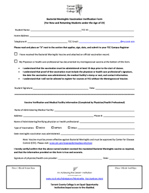 Bacterial Meningitis Vaccination Verification Form