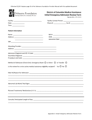 District of Columbia Initial Emergency Admission Review Form